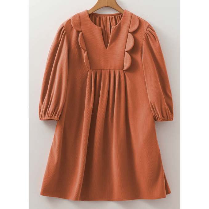 Letty Cinnamon Bracelet Sleeve Split Neck Scallop Detail Pleated Corduroy Mini Dress