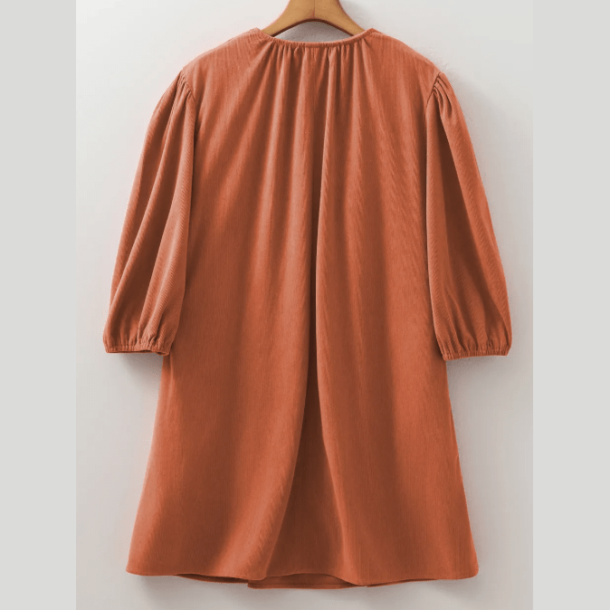 Letty Cinnamon Bracelet Sleeve Split Neck Scallop Detail Pleated Corduroy Mini Dress