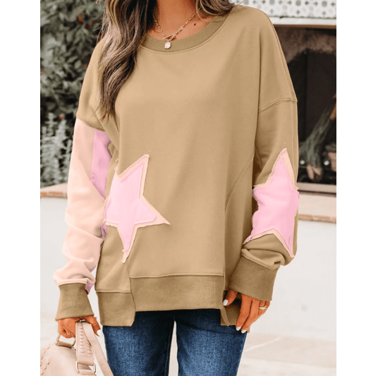 Blakelyn Khaki Contrast Star Patchwork Exposed Seam Uneven Hem Drop Shoulder Sweatshirt