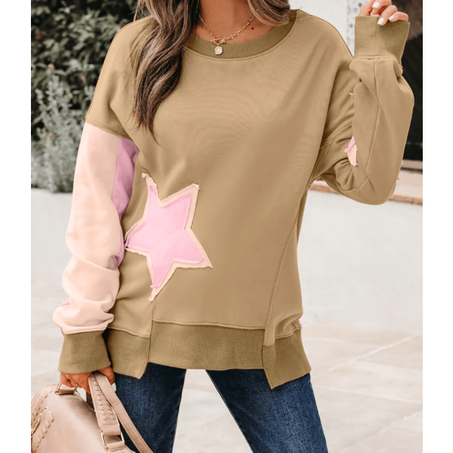 Blakelyn Khaki Contrast Star Patchwork Exposed Seam Uneven Hem Drop Shoulder Sweatshirt