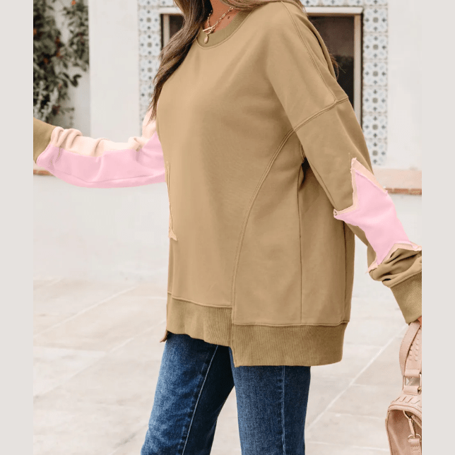 Blakelyn Khaki Contrast Star Patchwork Exposed Seam Uneven Hem Drop Shoulder Sweatshirt