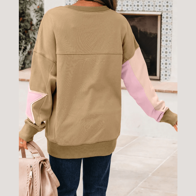 Blakelyn Khaki Contrast Star Patchwork Exposed Seam Uneven Hem Drop Shoulder Sweatshirt