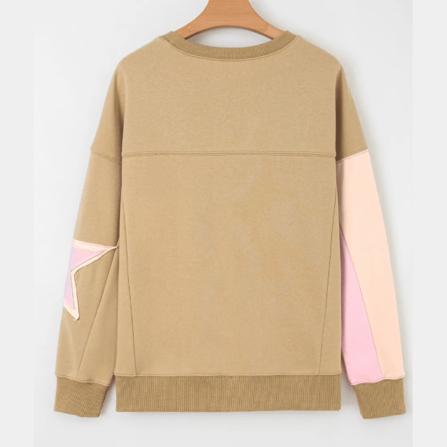 Blakelyn Khaki Contrast Star Patchwork Exposed Seam Uneven Hem Drop Shoulder Sweatshirt