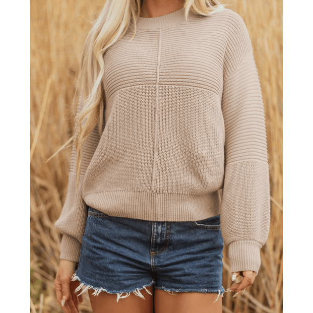 Kerrigan Parchment Mixed Texture Patchwork Knitted Puff Sleeve Sweater