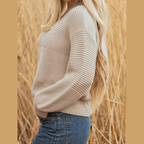 Kerrigan Parchment Mixed Texture Patchwork Knitted Puff Sleeve Sweater