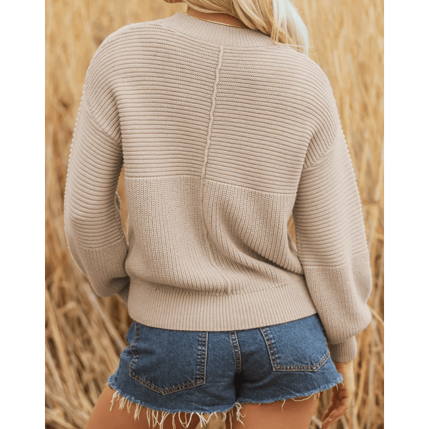 Kerrigan Parchment Mixed Texture Patchwork Knitted Puff Sleeve Sweater