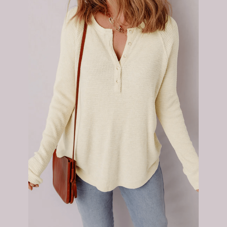 Amber Rose Textured Knit Half Buttons Henley Top