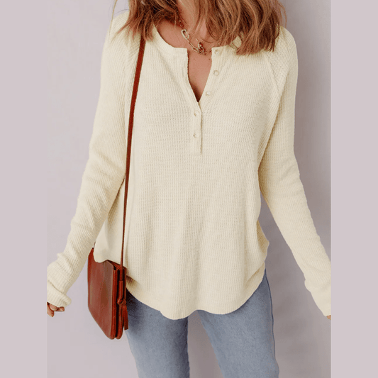 Amber Rose Textured Knit Half Buttons Henley Top