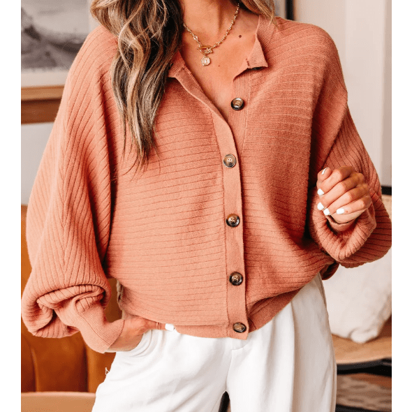 Sarina Wide Rib Knit Button Front Dolman Sleeve Sweater Cardigan