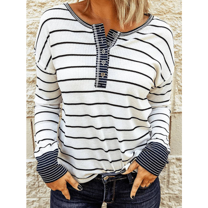 Casey White Striped Color Block Buttoned Waffle Knit Shirt