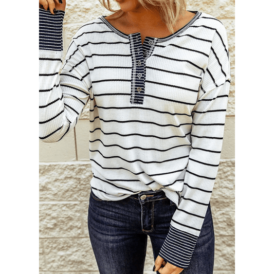 Casey White Striped Color Block Buttoned Waffle Knit Shirt
