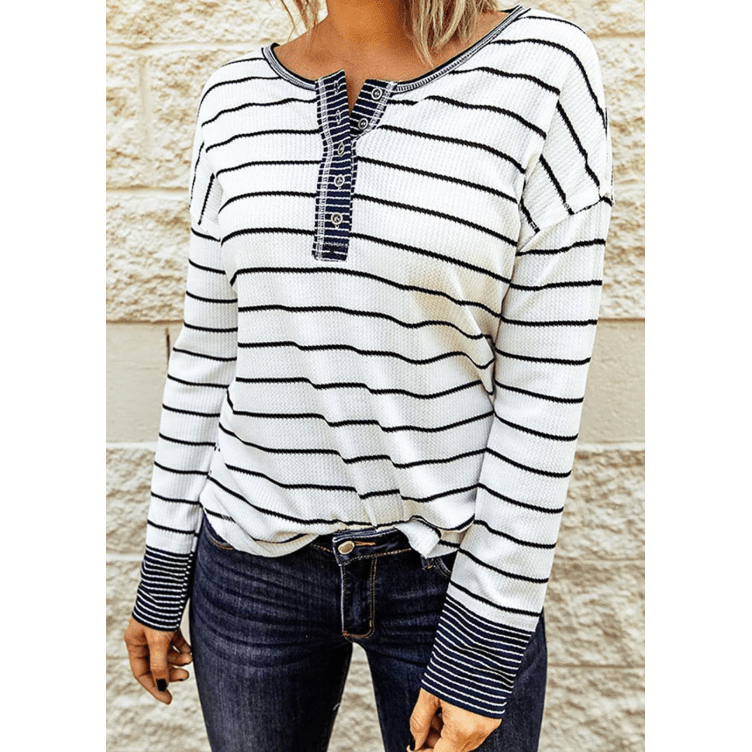 Casey White Striped Color Block Buttoned Waffle Knit Shirt