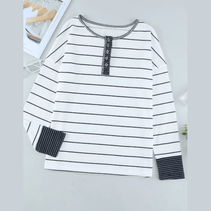 Casey White Striped Color Block Buttoned Waffle Knit Shirt