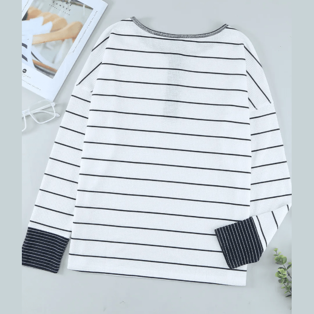 Casey White Striped Color Block Buttoned Waffle Knit Shirt