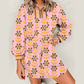 Avabella Pink Floral Print Zip Neck Striped Patchwork Long Sleeve Drawstring Dress