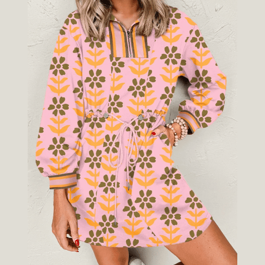 Avabella Pink Floral Print Zip Neck Striped Patchwork Long Sleeve Drawstring Dress