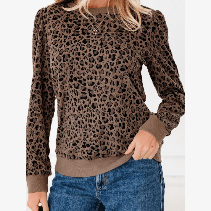 Brixley Brown Ribbed Trim Leopard Print Long Sleeve Top