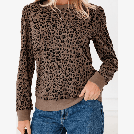 Brixley Brown Ribbed Trim Leopard Print Long Sleeve Top