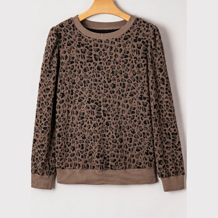 Brixley Brown Ribbed Trim Leopard Print Long Sleeve Top