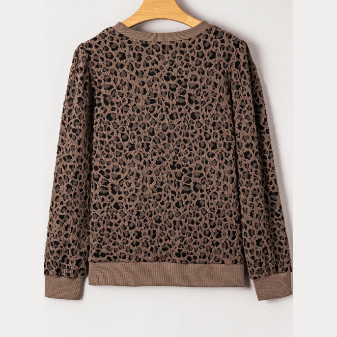 Brixley Brown Ribbed Trim Leopard Print Long Sleeve Top