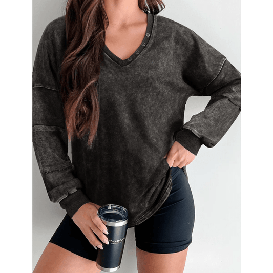 Skylee Carbon Grey Mineral Wash Exposed Seam Buttoned V Neck Pullover Top
