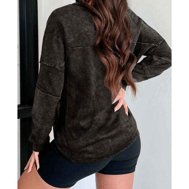 Skylee Carbon Grey Mineral Wash Exposed Seam Buttoned V Neck Pullover Top