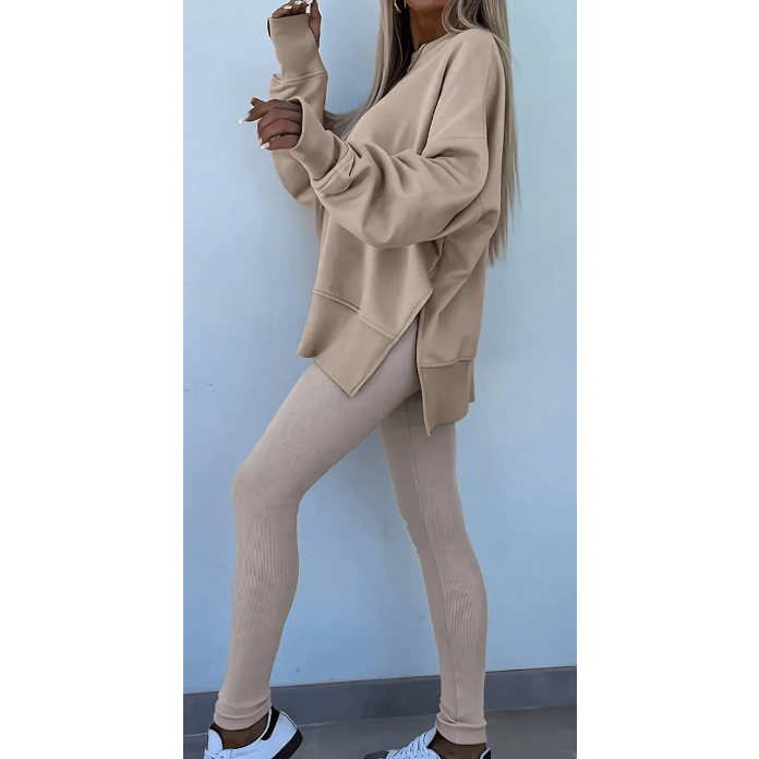 Mylah Khaki Oversize Slit Sweatshirt Ribbed Leggings 2pcs Set