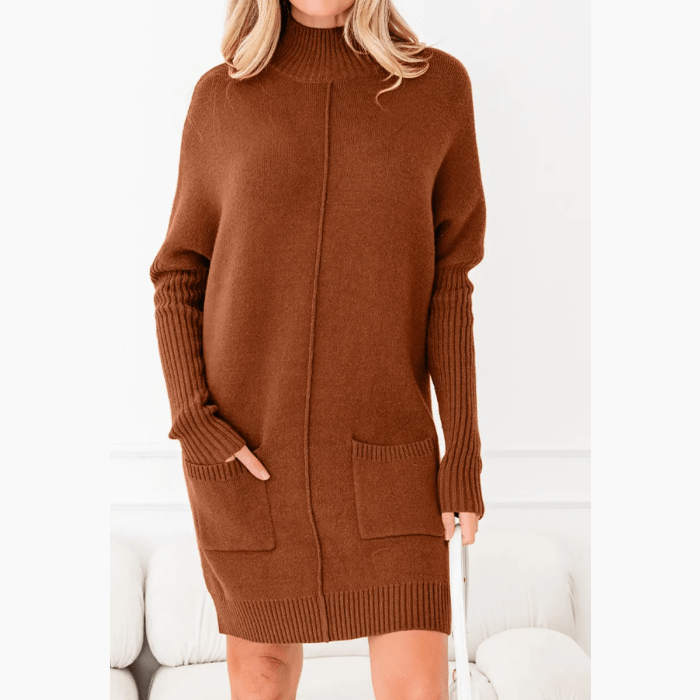 Rossie Chestnut Ribbed High Neck Front Pockets Center Seam Shift Sweater Dress