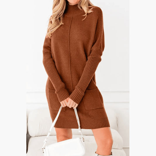 Rossie Chestnut Ribbed High Neck Front Pockets Center Seam Shift Sweater Dress