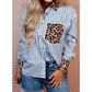 Shecora Sky Blue Striped Leopard Print Patchwork Button Up Shirt