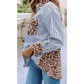 Shecora Sky Blue Striped Leopard Print Patchwork Button Up Shirt