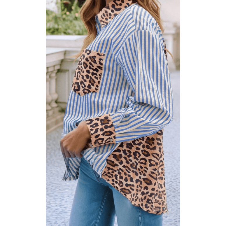 Shecora Sky Blue Striped Leopard Print Patchwork Button Up Shirt