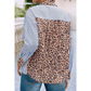 Shecora Sky Blue Striped Leopard Print Patchwork Button Up Shirt