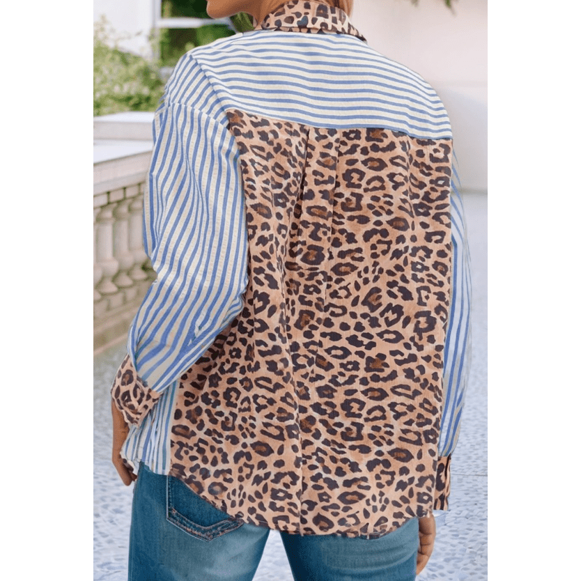 Shecora Sky Blue Striped Leopard Print Patchwork Button Up Shirt