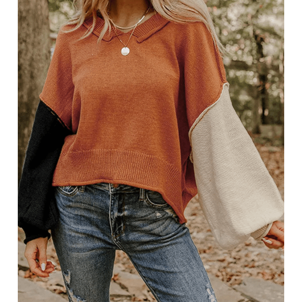 Edwina Desert Gold Colorblock Raw Edge Bubble Sleeve V Neck Sweater