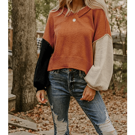 Edwina Desert Gold Colorblock Raw Edge Bubble Sleeve V Neck Sweater