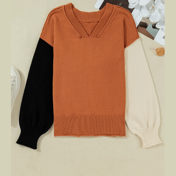 Edwina Desert Gold Colorblock Raw Edge Bubble Sleeve V Neck Sweater