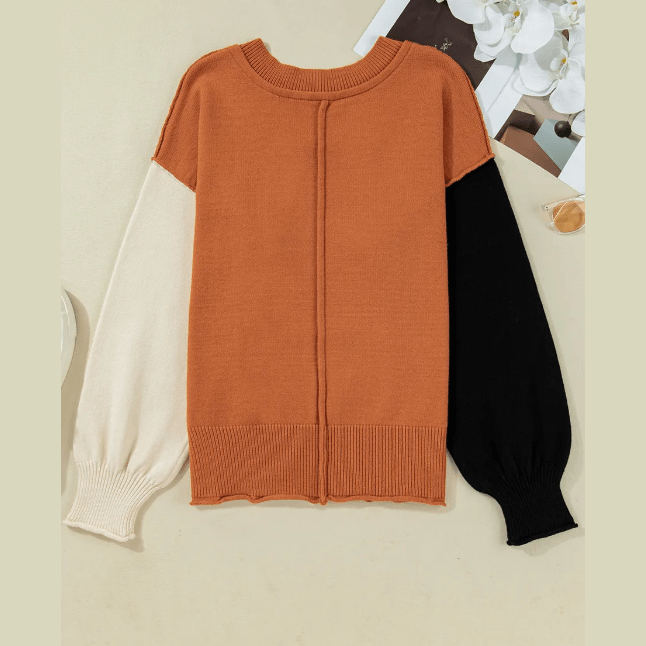 Edwina Desert Gold Colorblock Raw Edge Bubble Sleeve V Neck Sweater