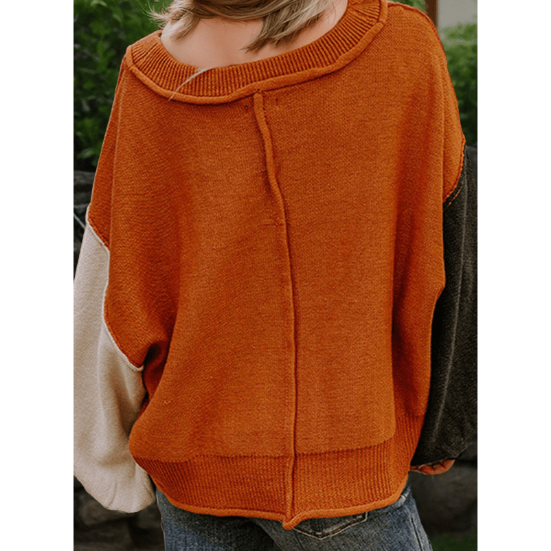 Edwina Desert Gold Colorblock Raw Edge Bubble Sleeve V Neck Sweater