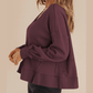 Gerri Wine Waffle Knit Notched V Neck Drop Shoulder Solid Sweatshirt