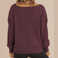 Gerri Wine Waffle Knit Notched V Neck Drop Shoulder Solid Sweatshirt