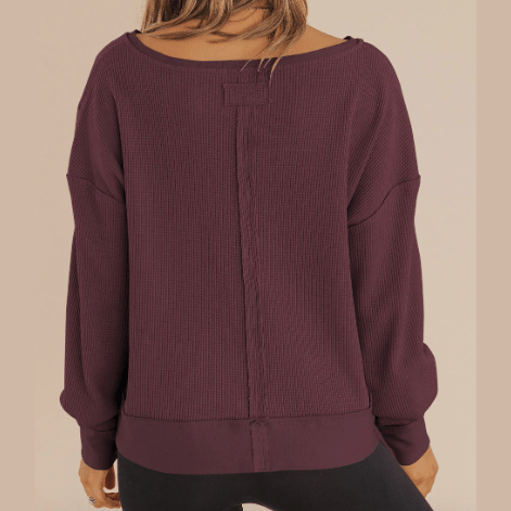 Gerri Wine Waffle Knit Notched V Neck Drop Shoulder Solid Sweatshirt