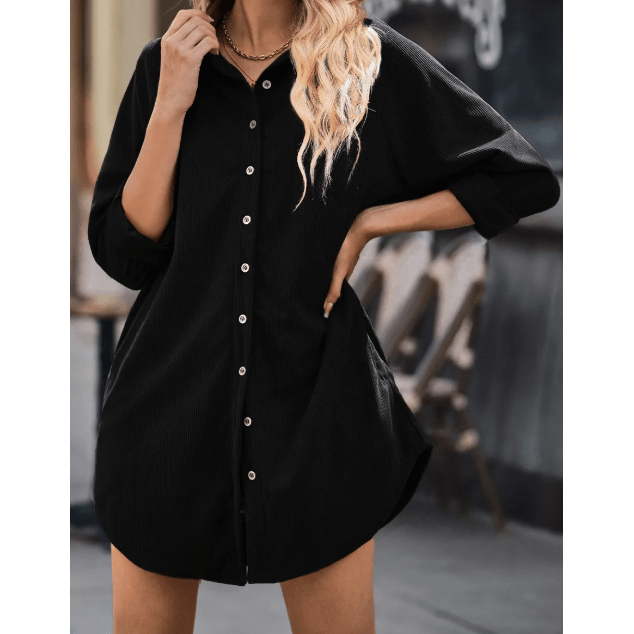 Jules Black Corduroy Shirt Style Full Button Long Sleeve Shift Mini Dress