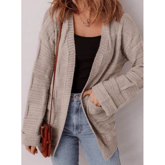 Cam Textured Knit Open Front Chic Cardigan with Pockets