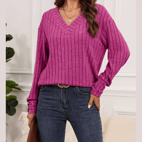 Blanchett Pink V Neck Ribbed Knitted Top