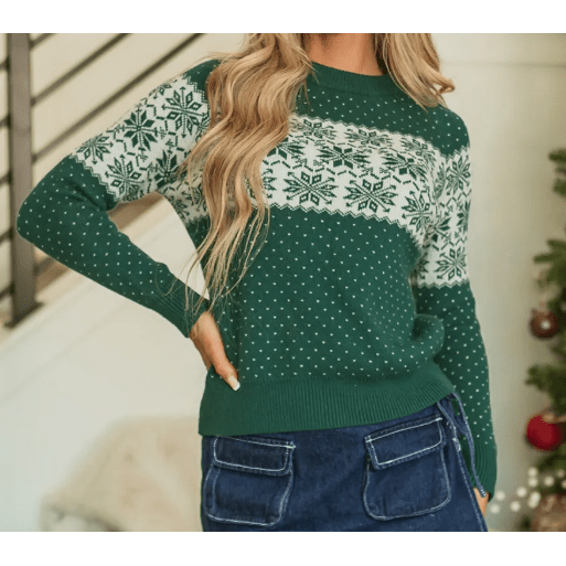 Green Christmas Snowflake Dotted Print Round Neck Sweater