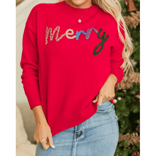 Fiery Red Tinsel Merry Letter Drop Shoulder Baggy Sweater