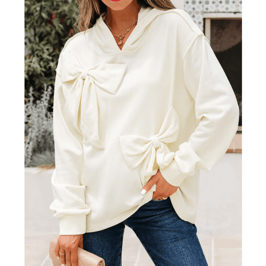 RTS White Solid Color Cute Bow Detail Loose Hoodie