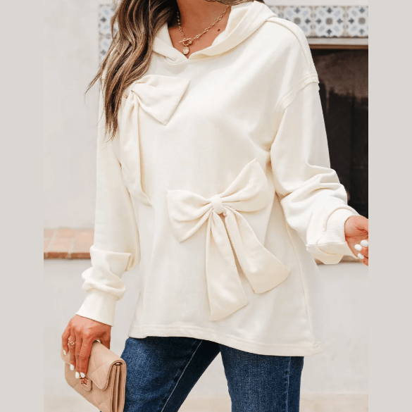 RTS White Solid Color Cute Bow Detail Loose Hoodie