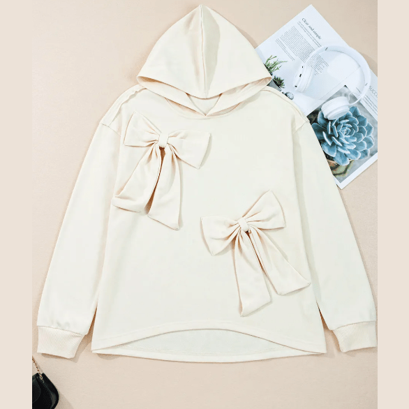 RTS White Solid Color Cute Bow Detail Loose Hoodie